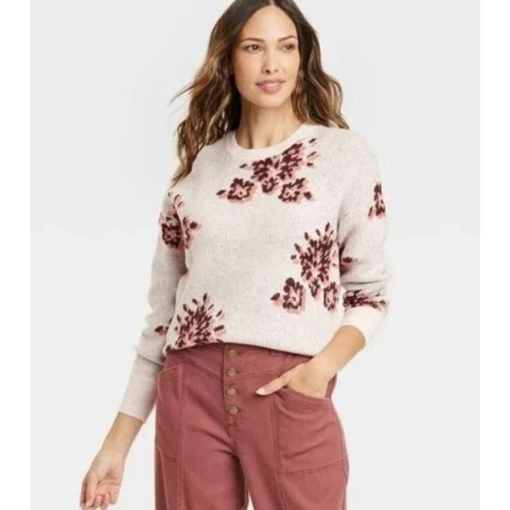 Knox Rose Womens Boho Floral Pullover Knit Crewneck Sweater Size XL Cream Mauve